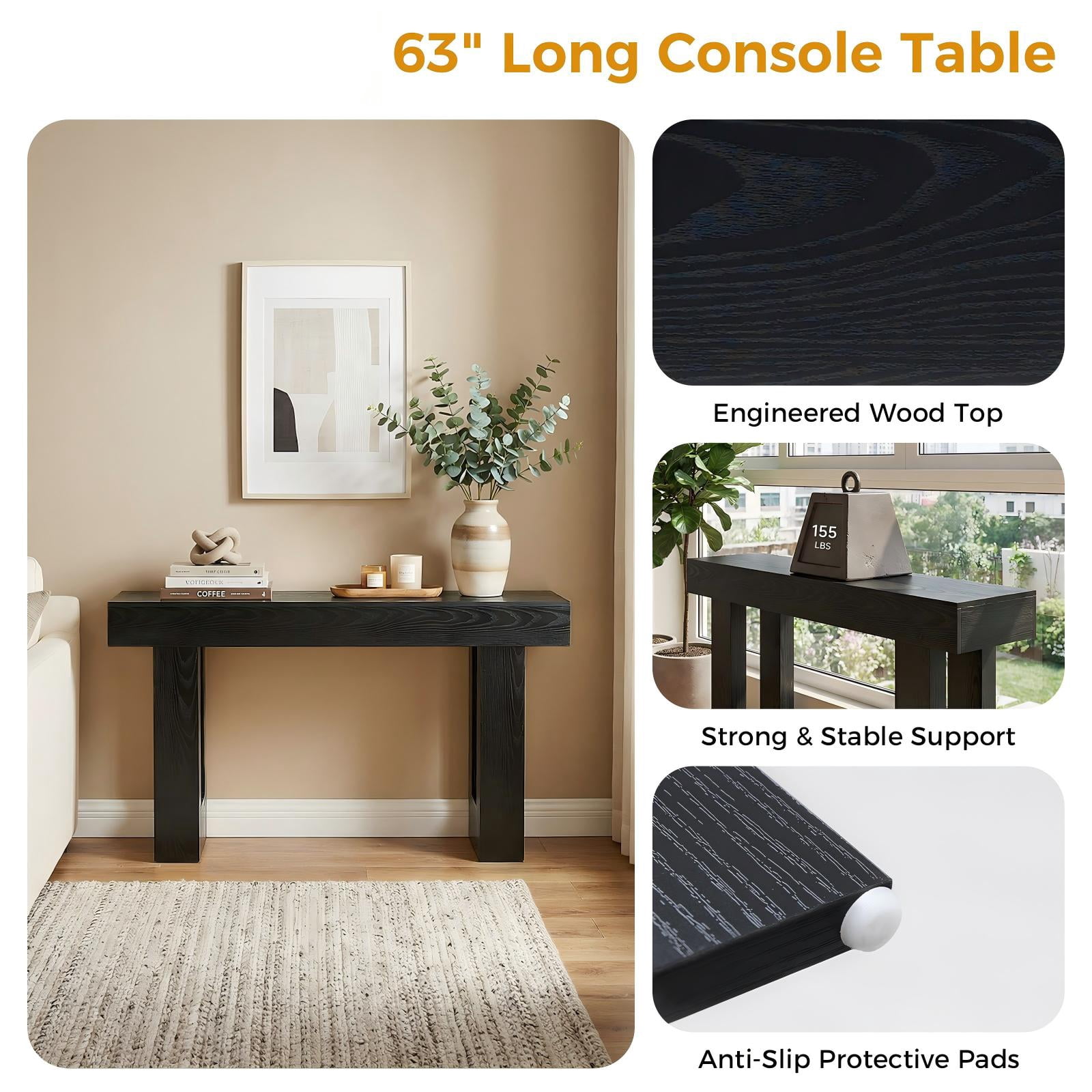 CONCETTA 63-inch Long Console Table, Wooden Farmhouse Sofa Table Behind Couch, Entryway for Hallway, Living Room, Black