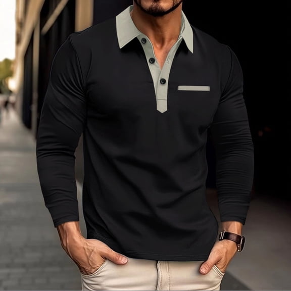 Elvqul Shirts for Men Long Sleeve Solid Pullover Mens Tops Black Collared Polo Shirts
