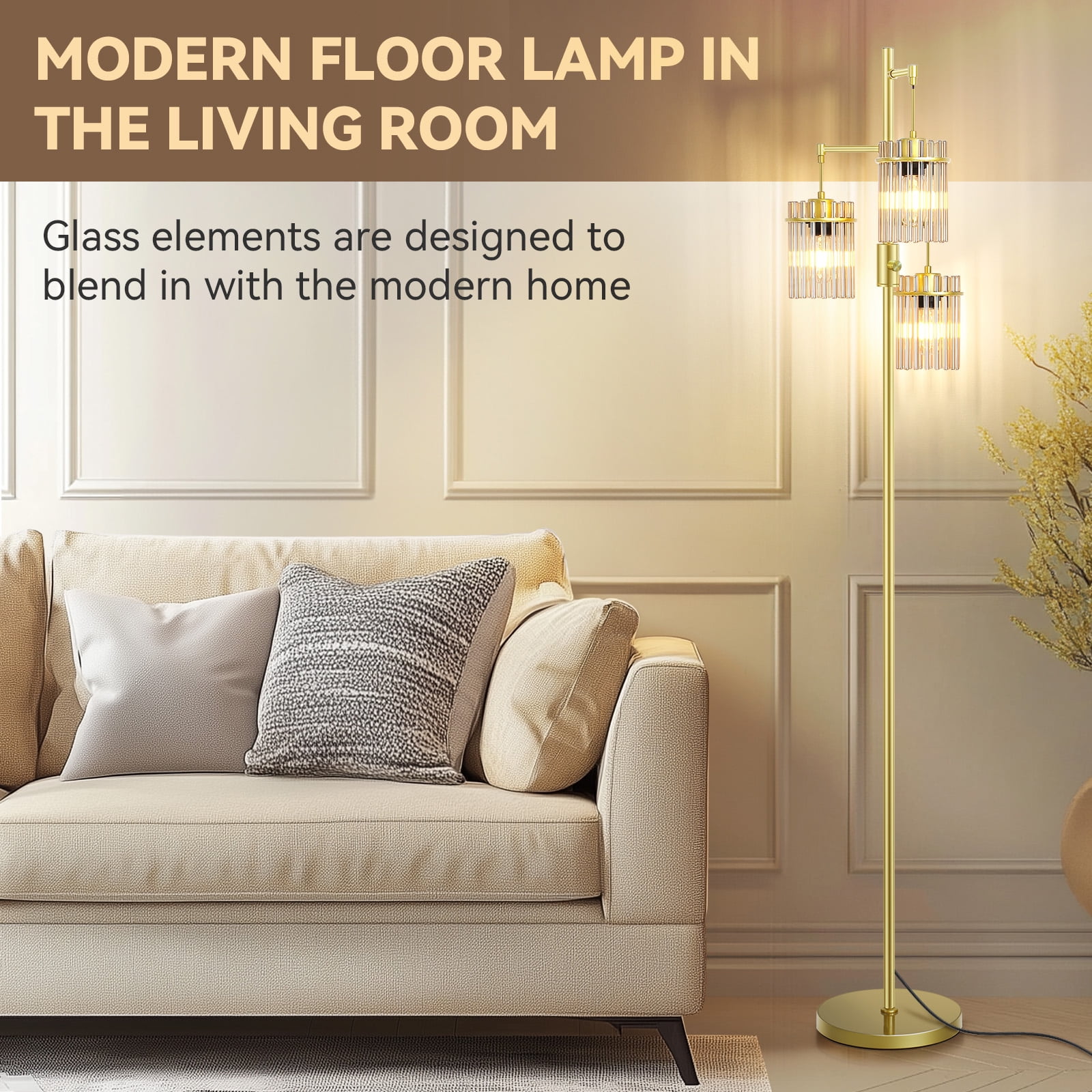 Industrial Modern Floor Lamps for Living Room, Dimmable Glass Tree Standing Tall Lamps with 3 Elegant Teardrop Cage Head & 800 Lumens LED Bulbs for Bedroom Office (Gold)