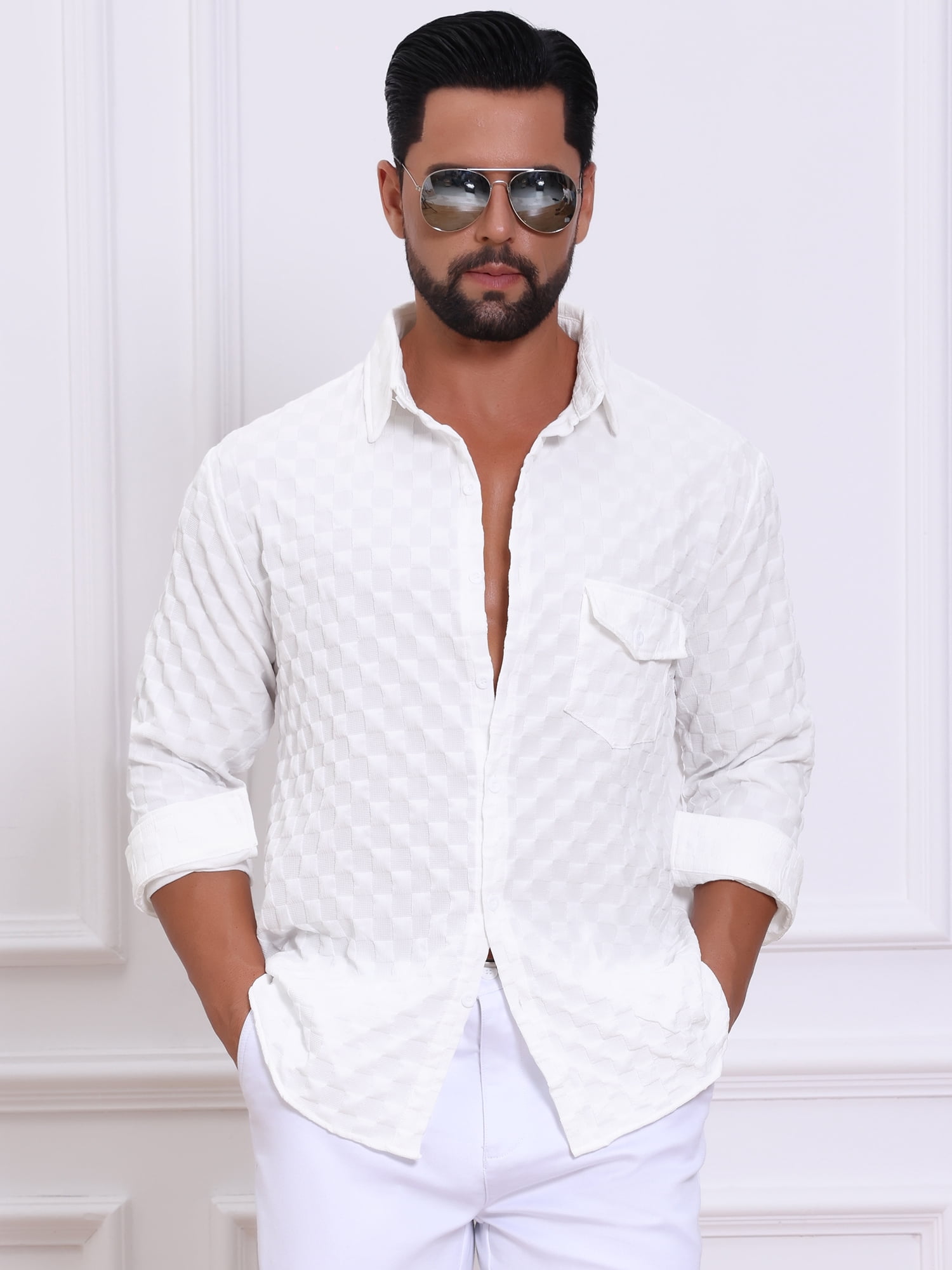 DARING DIVA Men's Plaid Textured Casual Long Sleeve Button Down Shirt S White