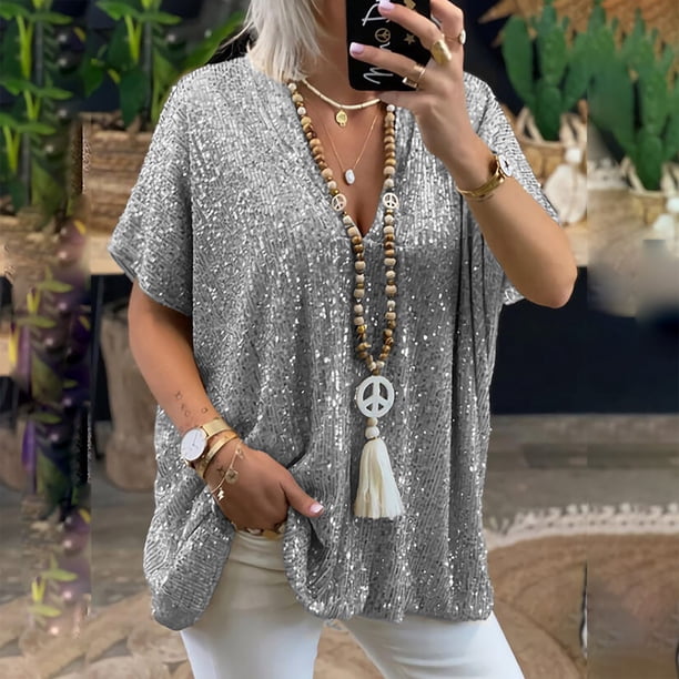 Puntoco Mujeres Sexy Manga Corta Lentejuelas Loose Polluer Sólido Cuello En V Blusa Camisa tops Puntoco Puntoco-1970