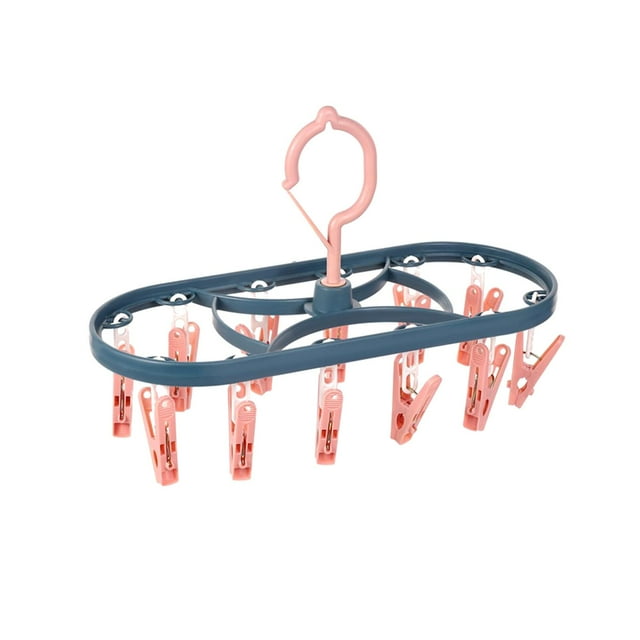 gancho a prueba de viento para calcetín, ropa interior colgadores de ropa multifunción plegable calcetín secador perchero para guantes ropa interior perfecl perchas de clip plegables Gancho giratorio de 360° azul y rosa de polipropileno con 12 pinzas, plegable y compacto (31 cm x 13 cm) para secar calcetines, ropa interior, guantes y prendas pequeñas en cuarto de lavado. A menudo se usa también para colgar pañuelos o toallas pequeñas durante viajes o camping.