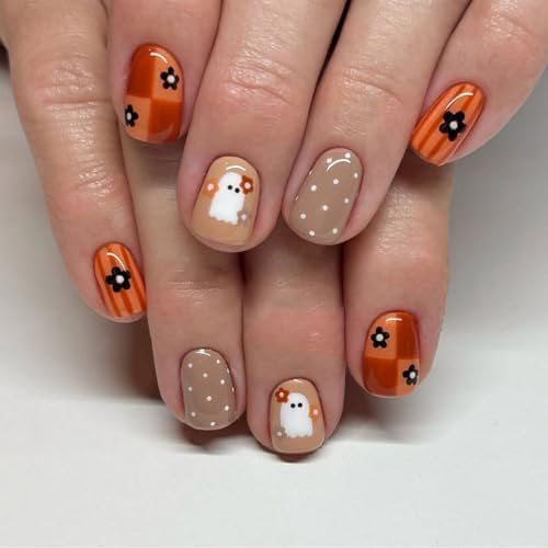 Fall Halloween Press Nails Short Square, Cute Design Nails | with Black Flower & Polka Dots Glue Nails, Autumn Glossy Full Cover False for Women 24 count