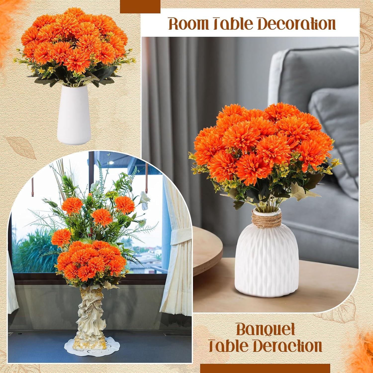 24 Heads Artificial Chrysanthemums Flowers Bouquets Silk Chrysanthemum Ball Fake Mum Artificial Mums for Outdoors Faux Silk Ball Flower for Home Table Centerpieces Decor (Orange)