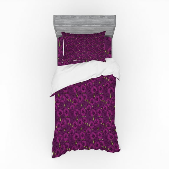 Floral Duvet Cover Set, Tulips Pattern Detailed Arrangement of Spring Season Petals Romantic Design, Bedding Set with Shams and Fitted Sheet, 3 Sizes, by Ambesonne