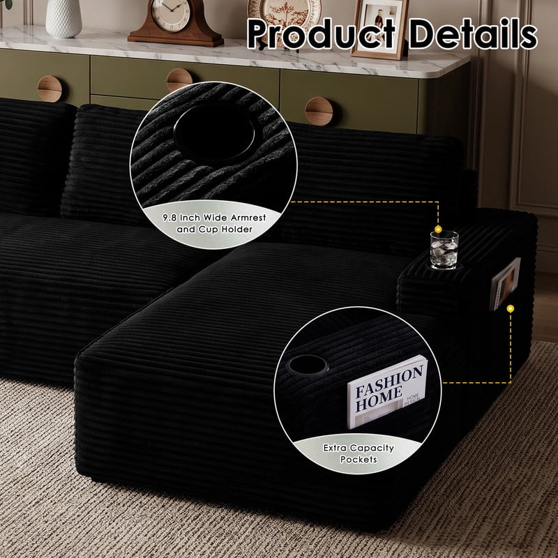 Anpport 104" Boneless Cloud Modular Sectional Couch, Corduroy Sofa with Cup Holders, Side Pockets, Deep Seat, No Assembly Required for Living Room, Black (R‑Shaped, Right Facing Chaise)