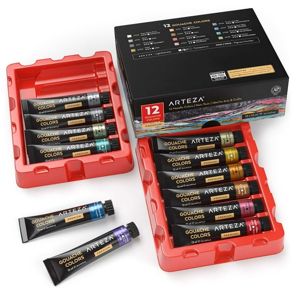 Arteza Metallic Gouache Paint, 12ml Tubes, Assorted Colors - 12 Pack