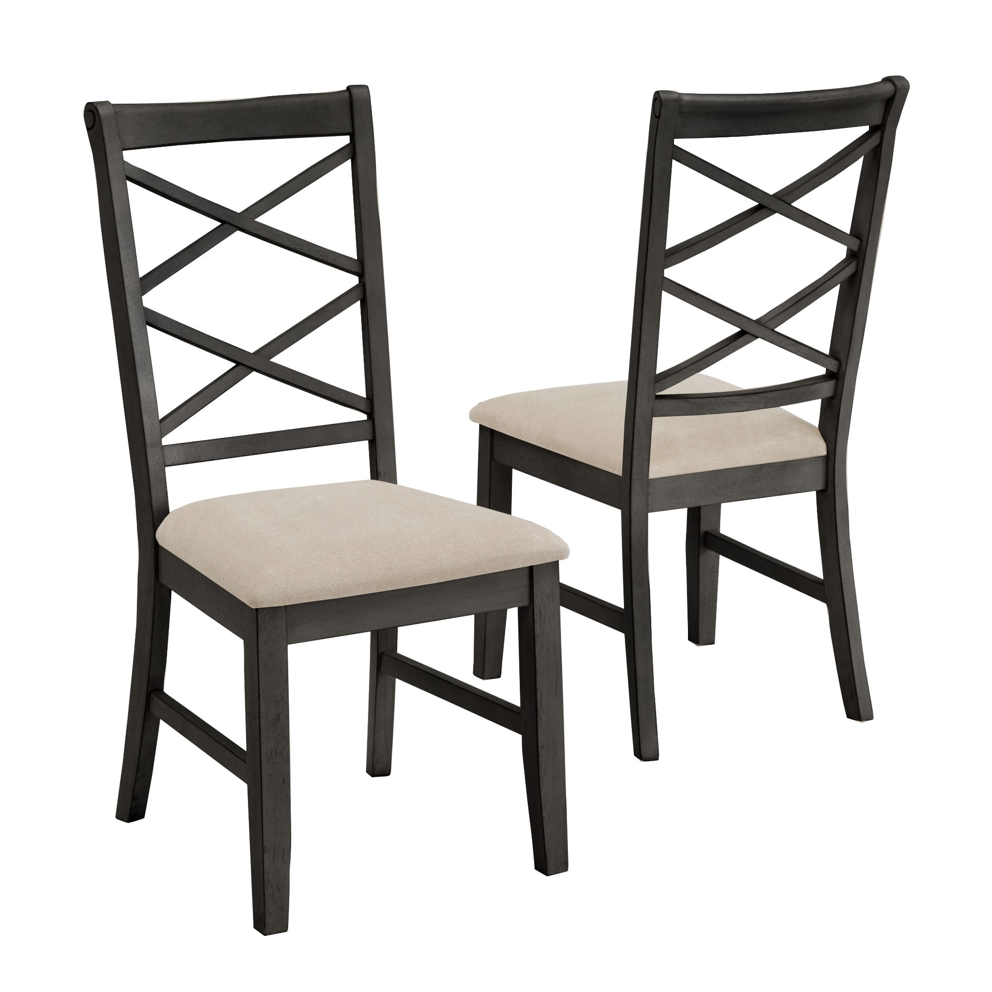 Weston Home Farmhouse Wood Finish Double Cross Back Sand Fabric Dining Chair, Antique Black (Set of 2)