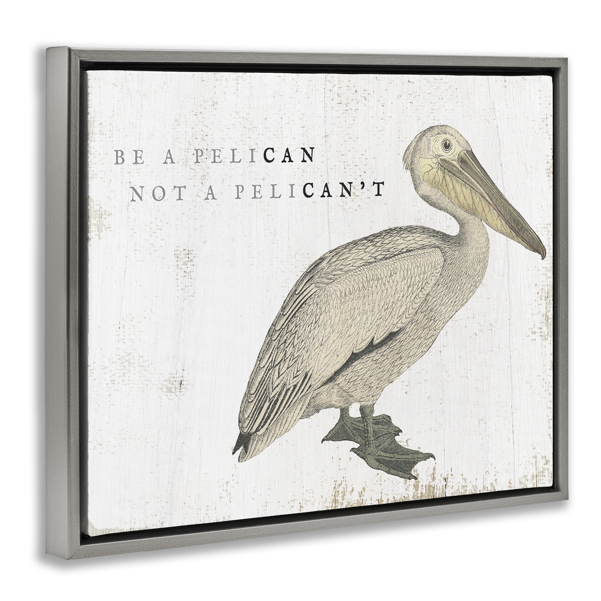 Stupell Industries Funny Pelican Beach Phrase Pun Typography Painting Gray Floater Framed Canvas Art Print Wall Art, 21 x 17