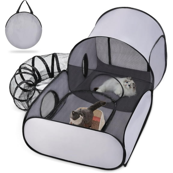 bathprove Dog Playpen with Surround Tunnel, Outdoor/Indoor Cat Playpen with Breathable Soft Sides，Cat Enclosure Tent for Small Animals, Portable Cat Tent with Carry Bag (Large)