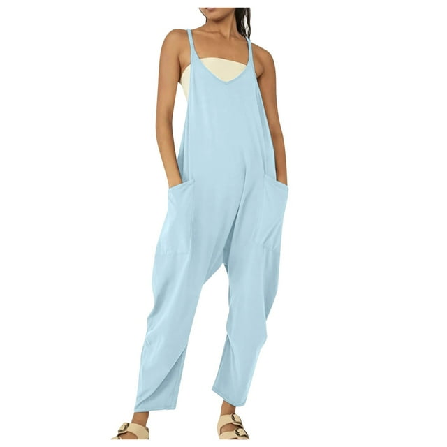 TrendOFT Womens Casual Summer Jumpsuit Fashion Yoga Square Neck Spaghetti Strap Rib Sleeveless Solid Athletic Womens Rompers One Piece Overalls Blue M