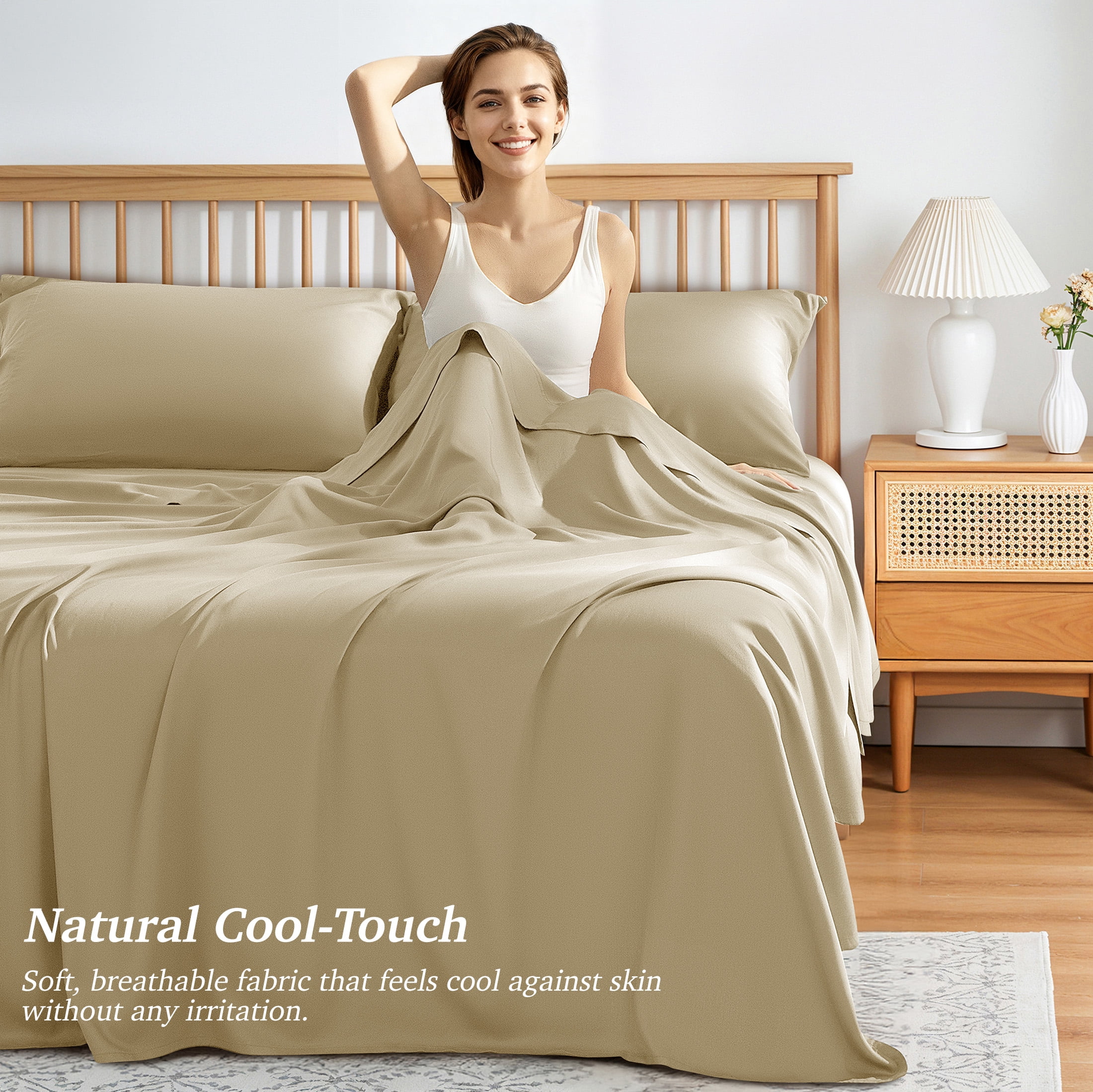 AiAngu Bamboo Full Sheet Set, Luxury Soft 4 Pieces Bed Sheets with 18" Deep Pocket, Begie