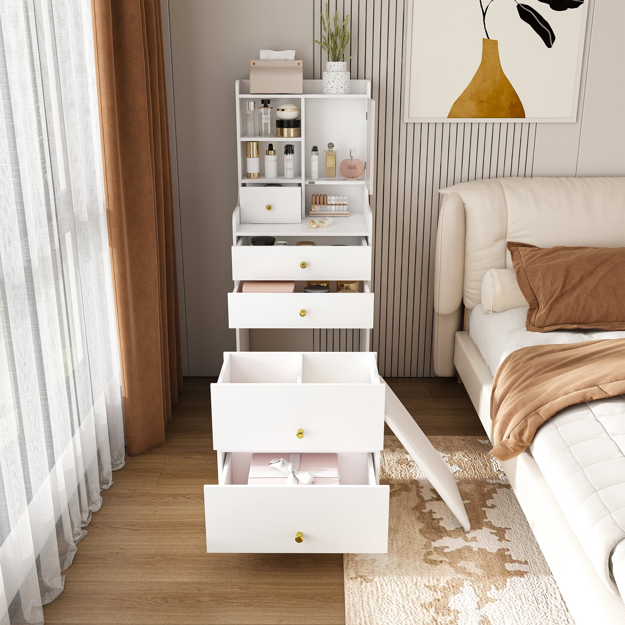 3-in-1 Dressing Table with LED Mirror & Storage Stool, White MDF Makeup Vanity with 4 Drawers and Bookshelf, 19.69 in L x 15.75 in W x 50.39 in H