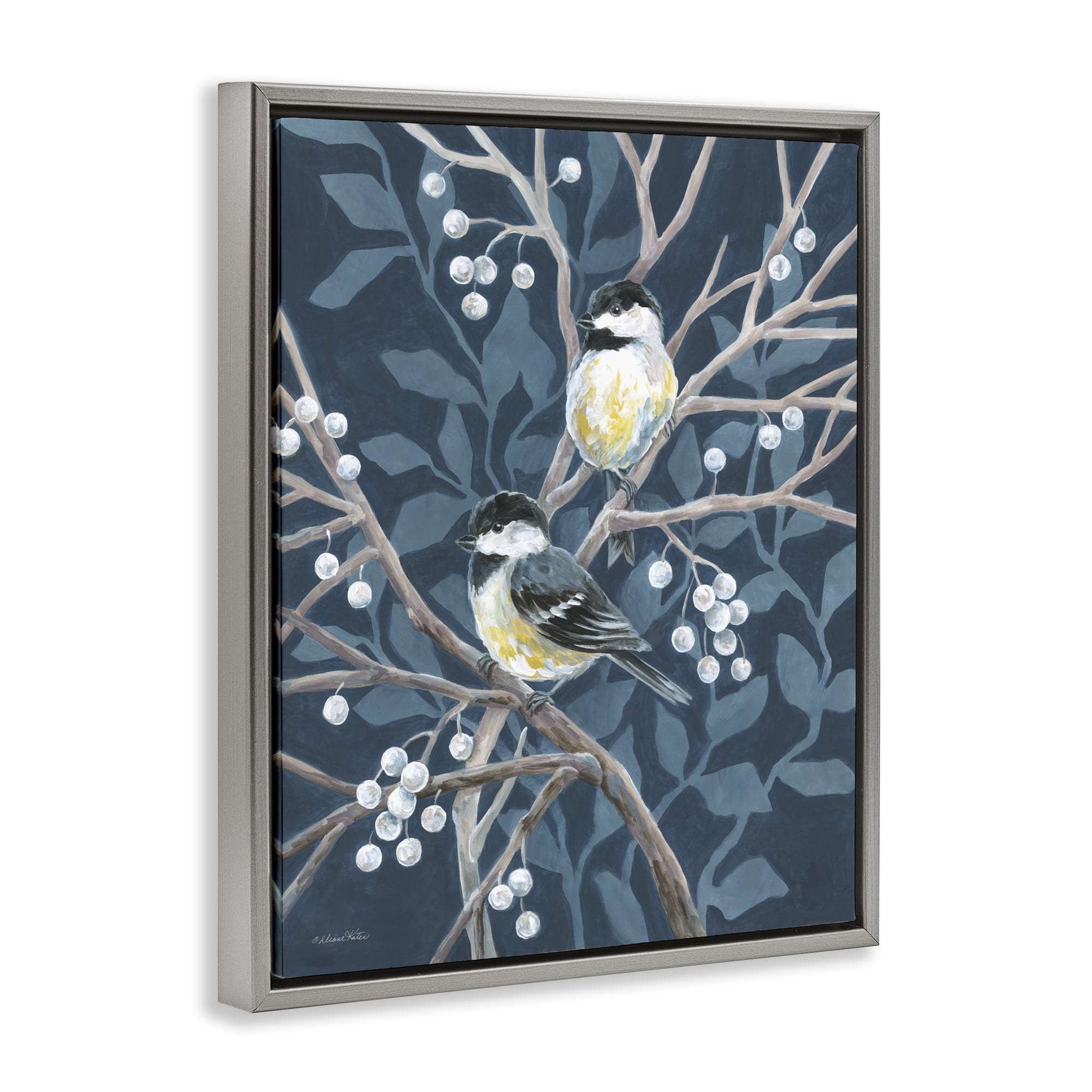 Stupell Industries Chickadees on Winter Berries Gray Framed Floater Canvas Wall Art, design by Diane Kater