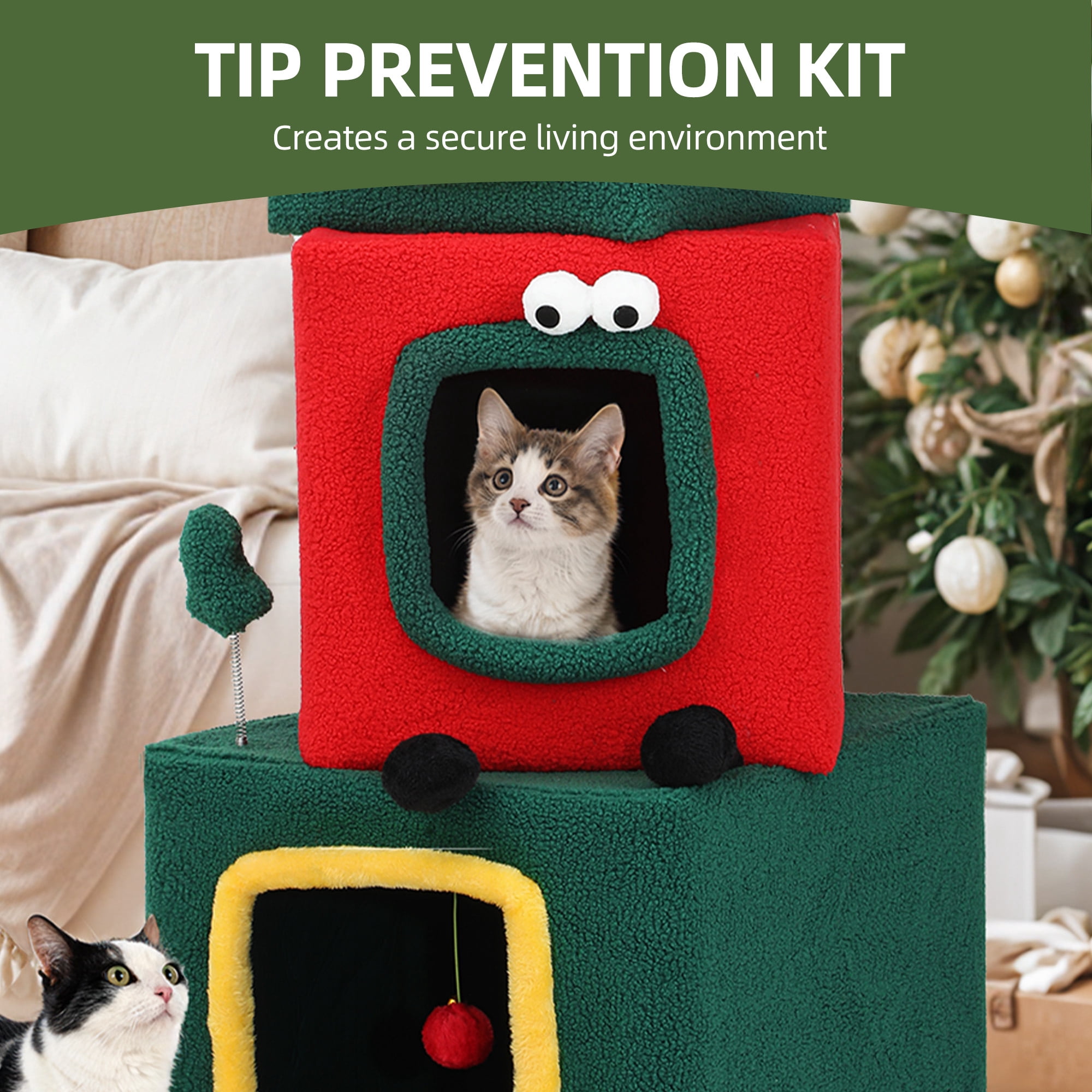 Uforic 60" H Large Christmas Cat Tree, Multi-Level Cat Tree,3 Story Playhouse with Hanging Ball,Green