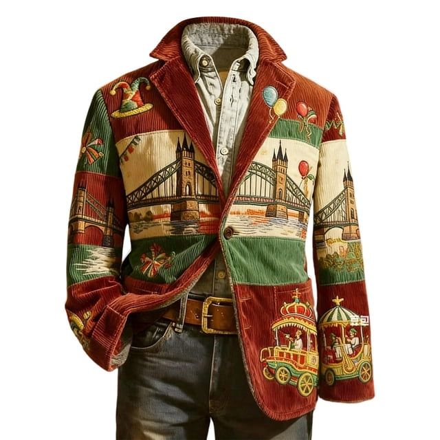 Abrigo Largo de los Hombres Vestido Corduro Impresión Blazer, Chaqueta de Fiesta Ceremonial con Bolsillos para Invierno Primavera