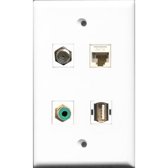 RiteAV 1 Port RCA Green and 1 Port Coax Cable TV- F-Type and 1 Port USB A-A and 1 Port Cat6 Ethernet White Wall Plate