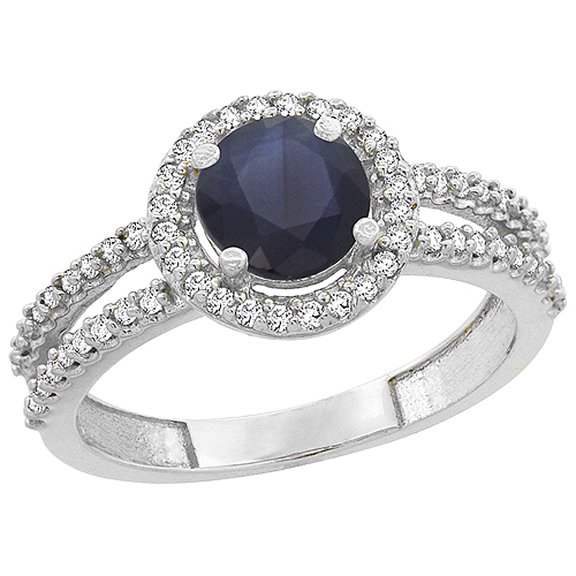 10K White Gold Natural High Quality Blue Sapphire Diamond Halo Ring Round 6mm, size 7.5