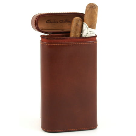 Andre Garcia Manhattan Collection Cognac Brown Zippered Italian Leather and Cedar-Lined 4 Finger Cigar Case