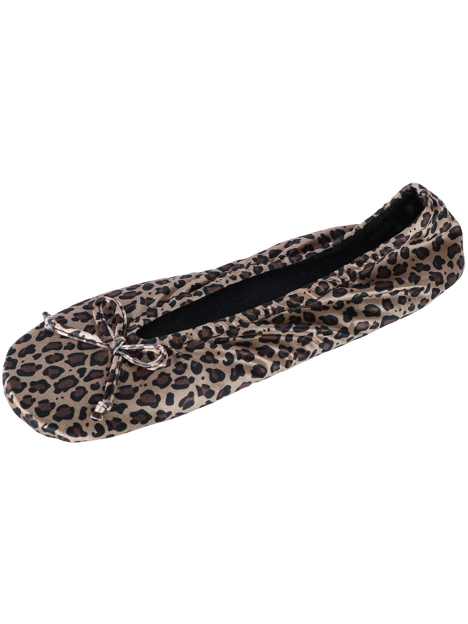 Ladies Plush Cuddly SOFT Leopard Print Non Skid Ballet Slippers Bow S/M 2 PAIR 