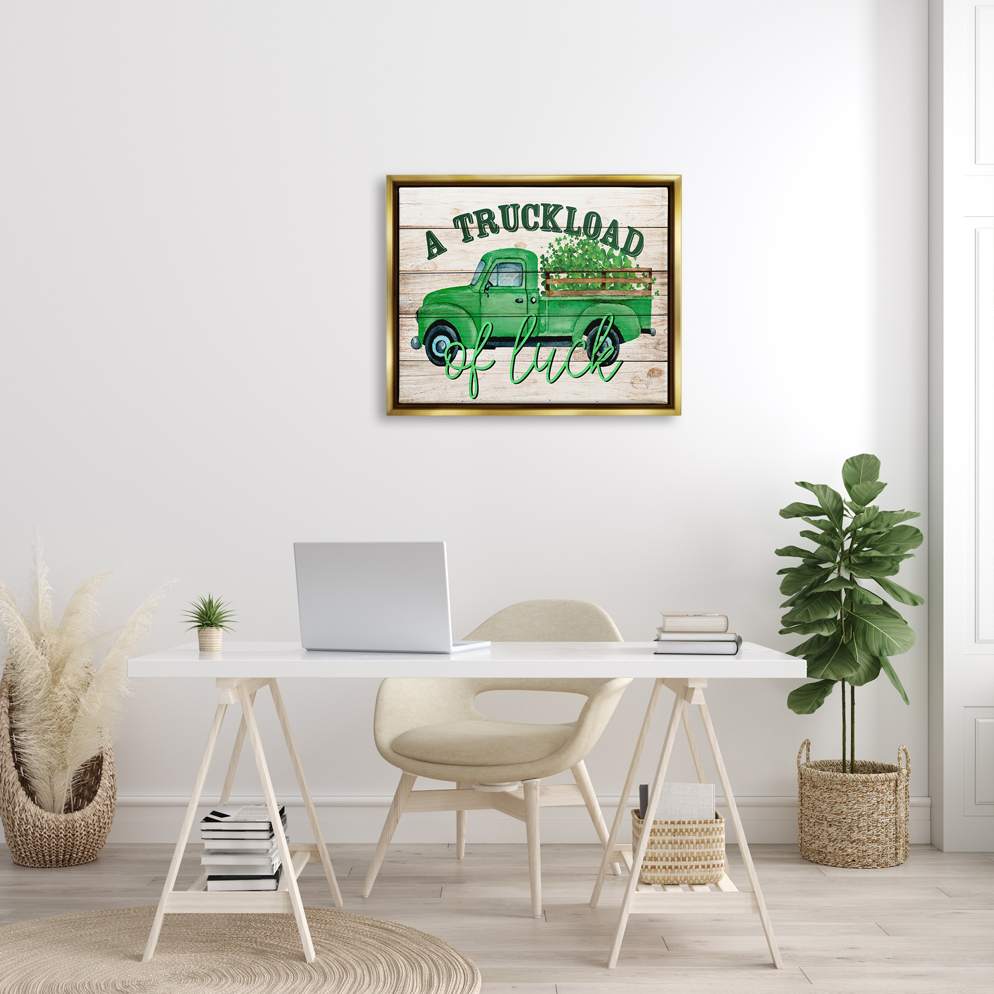 Stupell Truckload Of Luck St Patrick's Day Farmhouse Holiday Painting Gold Floater Framed Art Print Wall Art