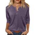 thumbnail image 2 of Womens Buttons Tops 3/4 Length Sleeve V Neck Loose Casual Summer T Shirts, Purple L, 2 of 6