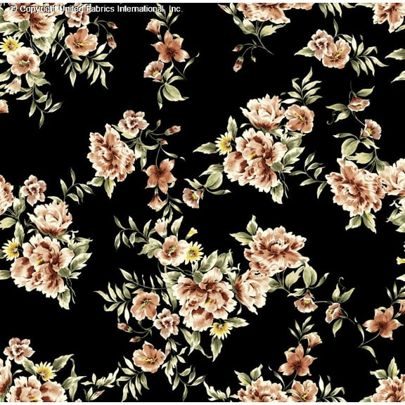 Crepe Techno Printed Mirella Floral Fabric Stretch Crepe Peonies Dress (BLACK/MAUVE/SAGE, HalfaYard)