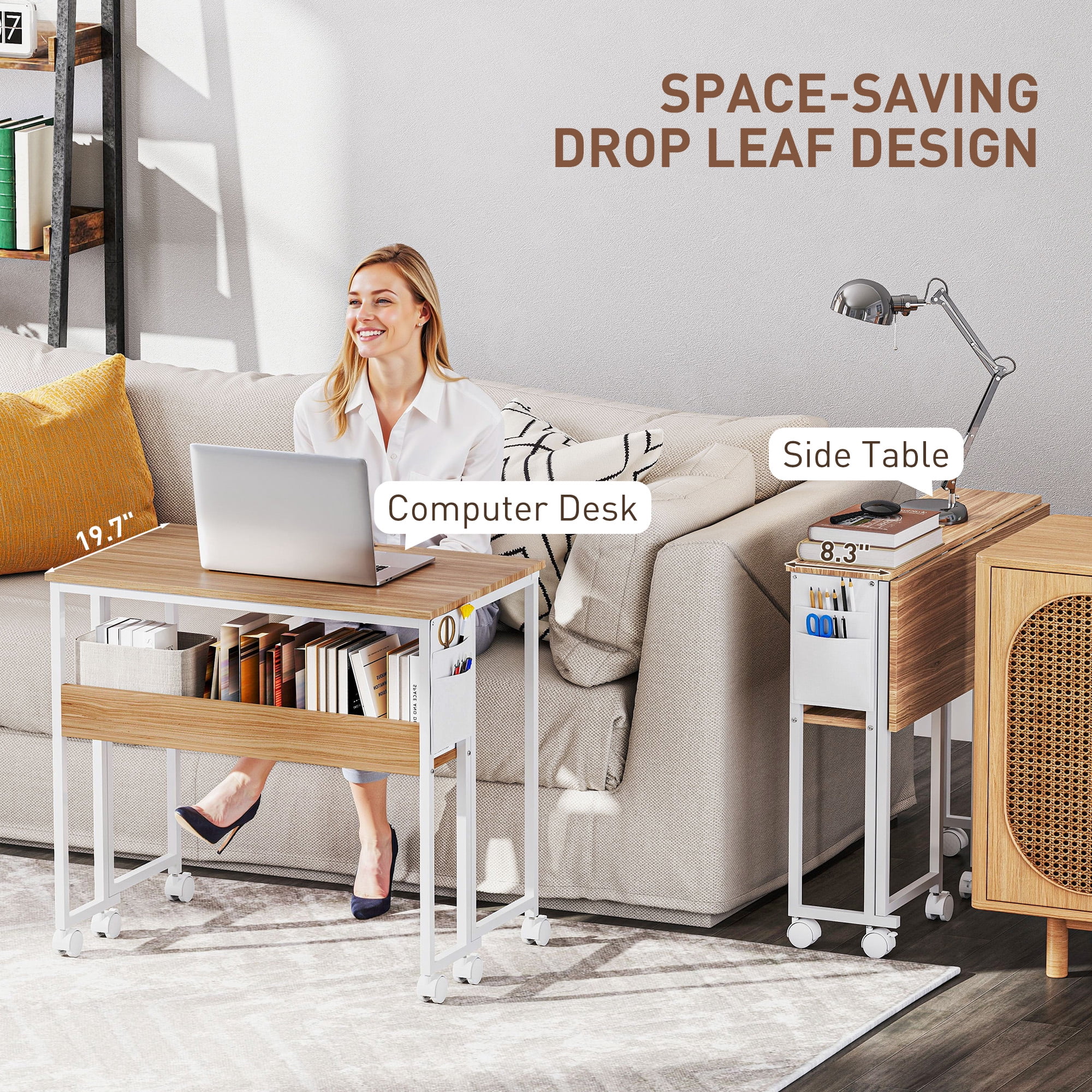 HOMCOM Small Folding Desk, 31.5" Foldable Computer Desk with Storage Bag, Shelf and Wheels for Small Spaces, Home Office, Easy Assembly, Natural Wood