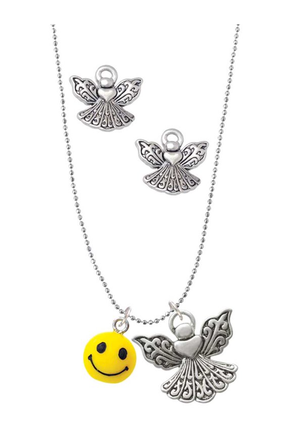 Resin Small 3-D Happy Face Silver tone Guardian Angel Charm Necklace and Stud Earrings