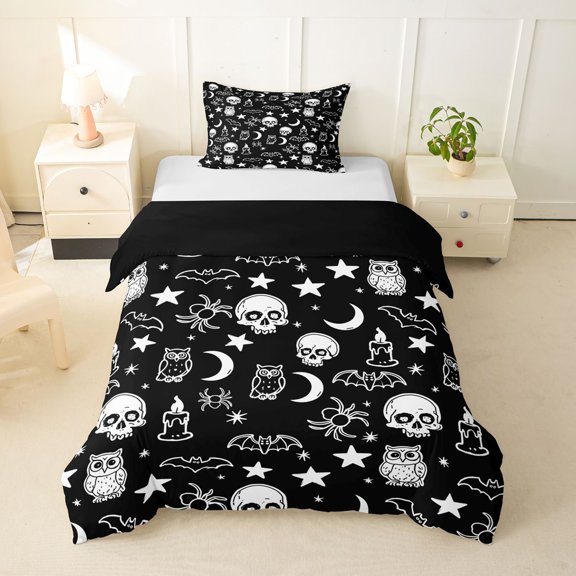 Homewish Halloween Skull Bats Twin Duvet Cover,Moon Stars Twin Bedding,Black White,Black Reversible,2pcs,1 Duvet Cover and 1 Pillowcase