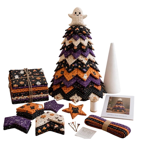 Halloween DIY Quilted Tree Sewing Kit, Fabric Patchwork Tree Craft Set with Foam Cone & Instruction, Ghost Topper Tabletop Decoration for Halloween Home Decor 20CM
