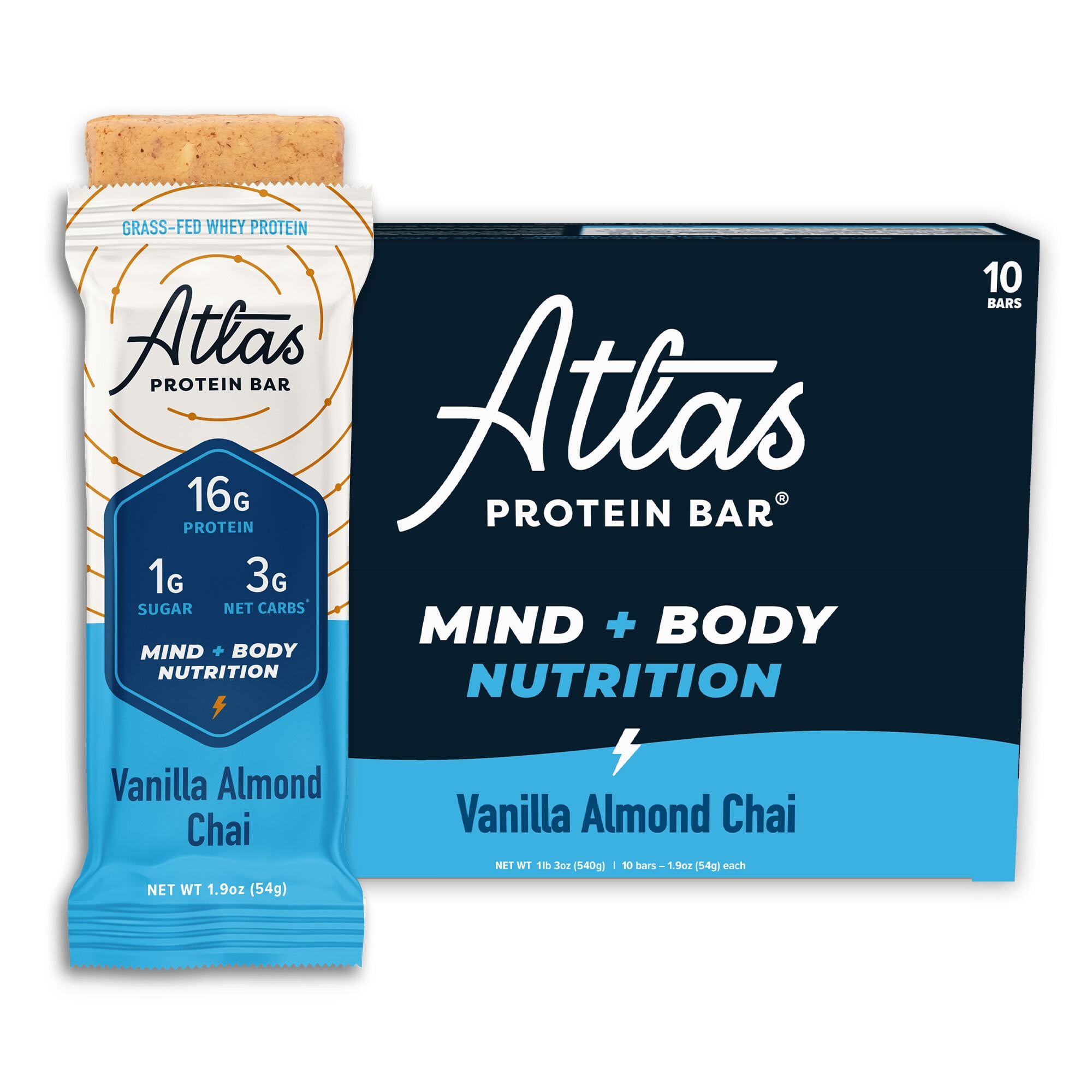 Atlas Mind + Body Protein Bar, Keto & Low Carb, 15g Protein, 1g Sugar, Vanilla Almond Chai, 10 Count