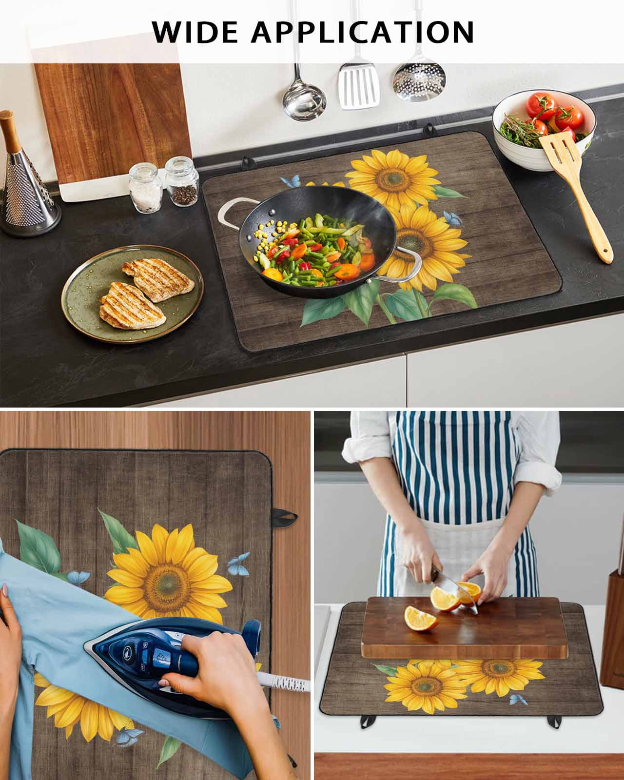 Large Induction Cooktop Protector Mat Sunflower Stove Top Covers for Electric Stove, Yellow Summer Botanical Butterfly Wooden Vintage Decorative Stove Burner Cover Mats, Glass Top Stove Cover