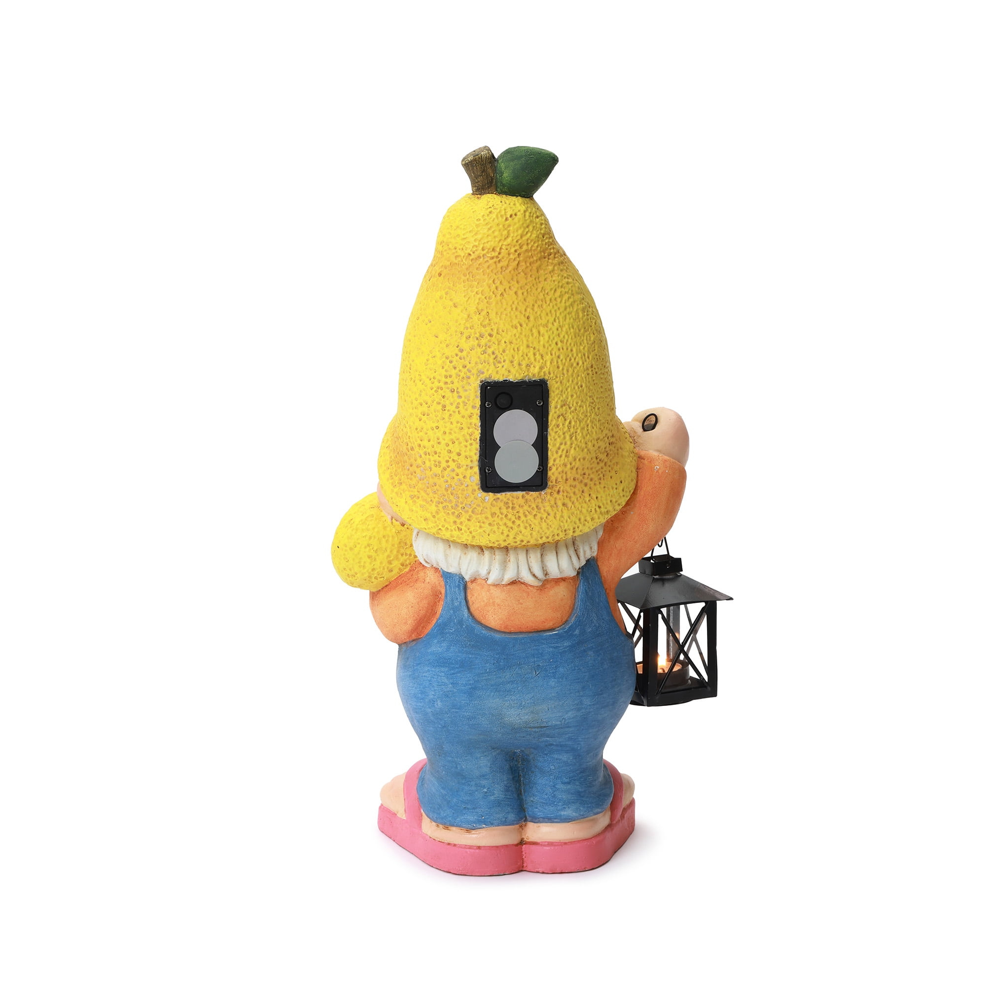 LuxenHome 18" Solar Powered Garden Gnome Outdoor Statue with Lantern, Lemon Hat Gnome Sculpture for, Lawn, Garden