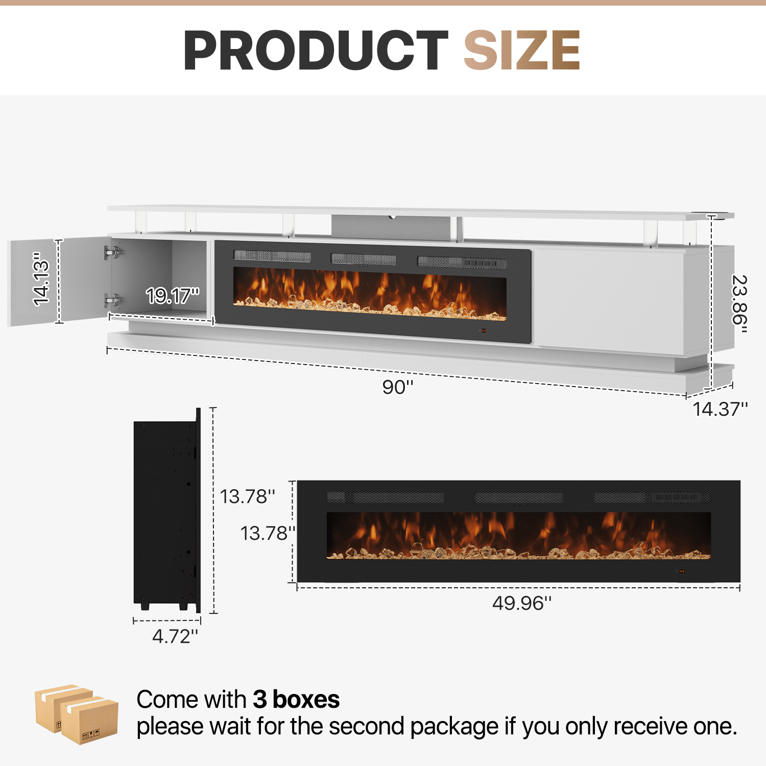 Sonegra Modern Fireplace TV Stand for TVs Up to 100" with music sync LED, 90" Fireplace Entertainment Center with Charging Station, TV Console with Storage Cabinets for Living Room, White