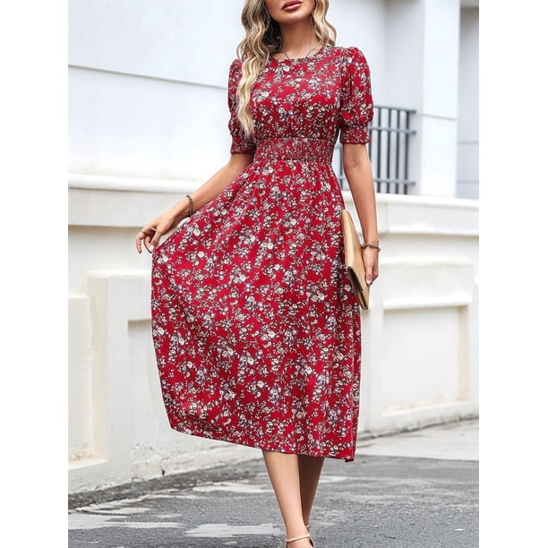 Women'S Chiffon Floral Dresses Casual Summer Boho Flutter Sleeve Flowy Western Dress Red XL