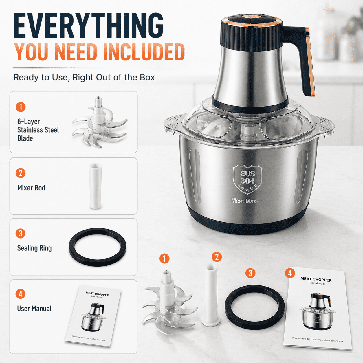 5L Stainless Steel Meat Chopper, 500W Electric Food Processor with 6-Layer Blade System, Large Capacity Meat Grinder for Meat, Vegetables, Garlic, Nuts and Family Meal Prep