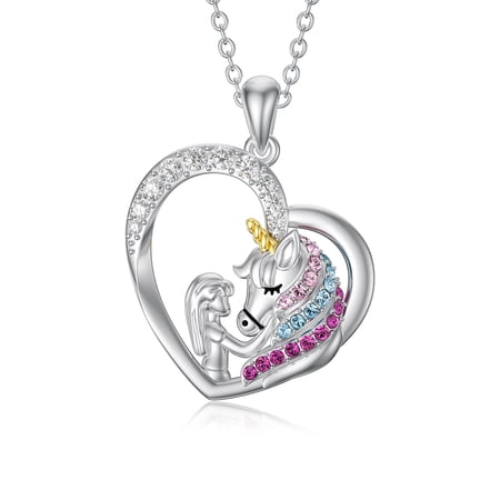 YAFEINI Sterling Silver Unicorn Necklace, Unicorn Jewelry Birthday Gifts for Women (Multicolor-Heart)