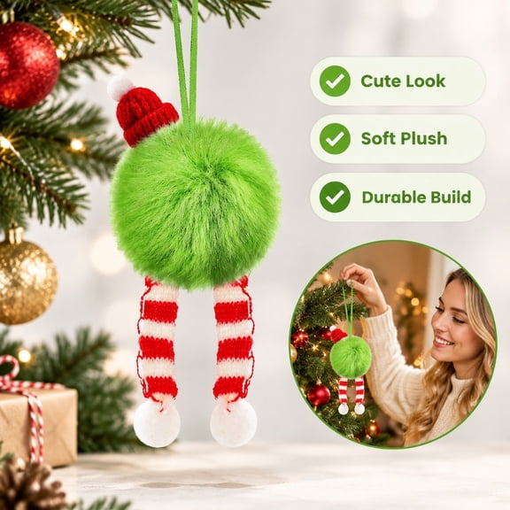1-Pack Christmas Tree Ornament, Faux Fur Ball Fox Charm, Green, 8.3 in