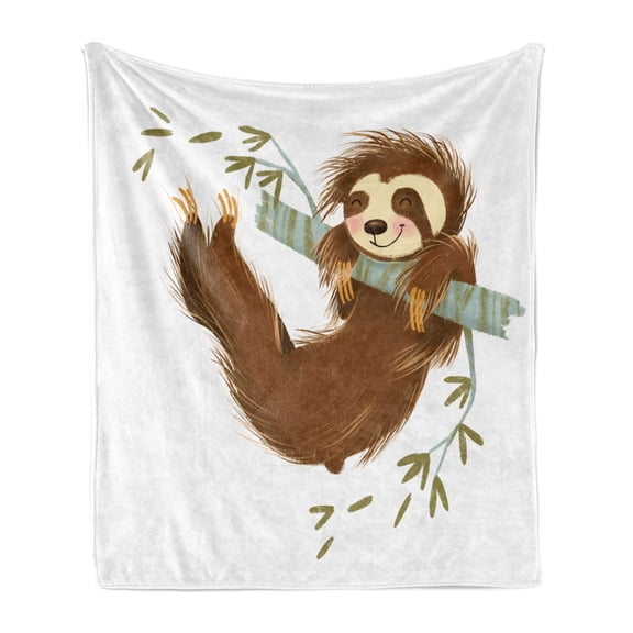 Sloth Soft Flannel Fleece Blanket, Happy Cheerful Animal Swinging on Tree Branch Hand Drawn Cartoon Illustration, Cozy Plush for Indoor and Outdoor Use, 50" x 70", Brown Khaki Grey, by Ambesonne