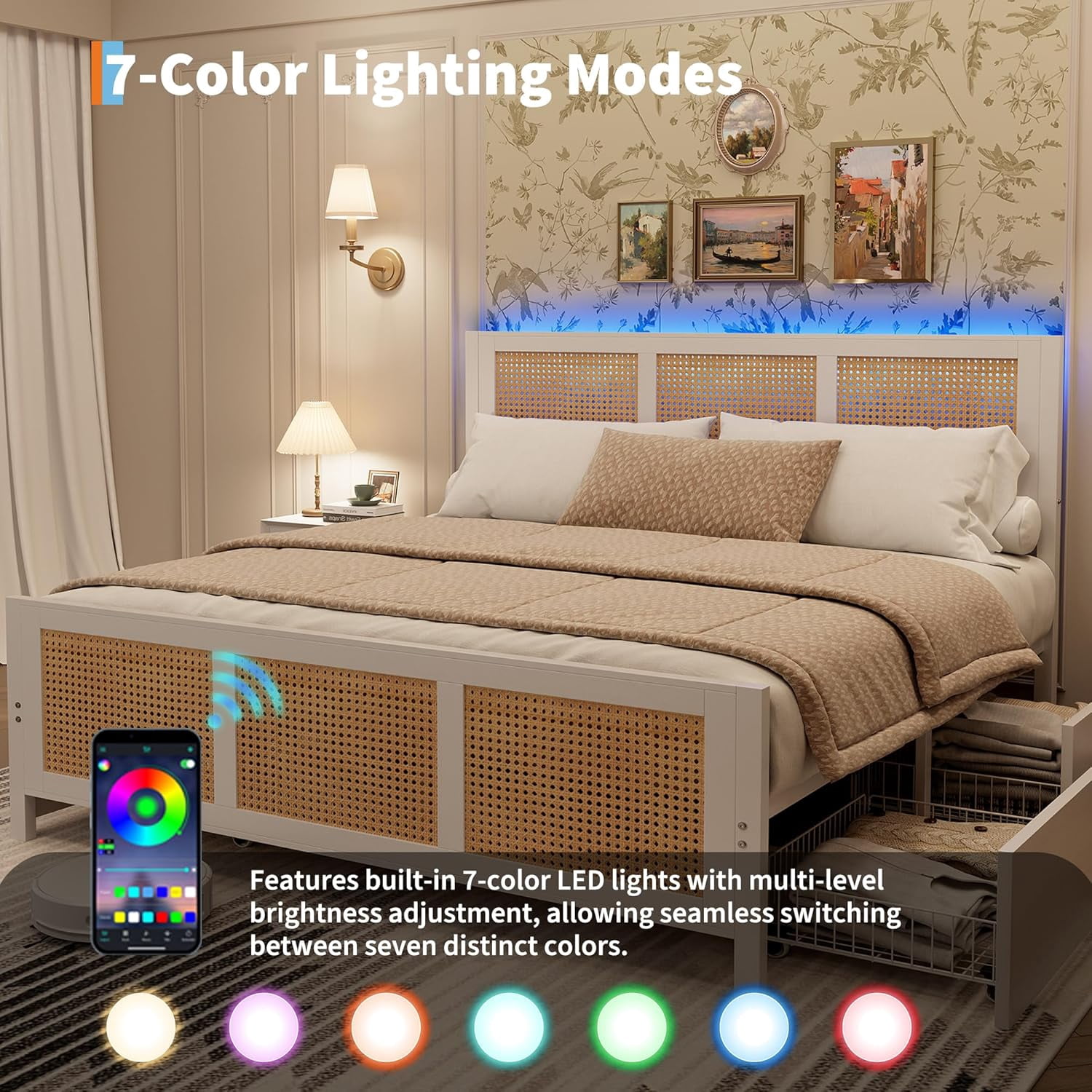White Rattan Bed Frame with Headboard, Boho Cane Platform King Size Bed Frame with 4 Drawers, Strong Metal Slats Support, Noise Free, No Box Spring Needed