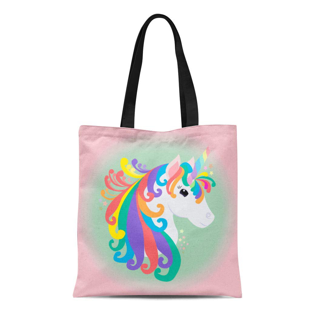 ASHLEIGH Canvas Tote Bag Pink Beautiful Unicorn Badge Cartoon Character ...