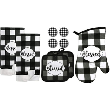 

Modern Farmhouse Kitchen Decor Towel Set with Pot Holders Oven Mitt and Set of 4 Refrigerator Magnets Modern Farmhouse Decor (Blessed Check)