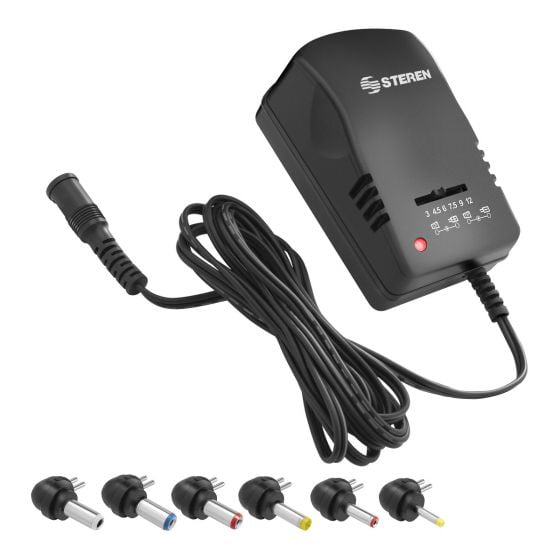 Eliminador regulado Steren ELI-1200 de 3 a 12 Vcc, 1,2 A con puntas intercambiables
