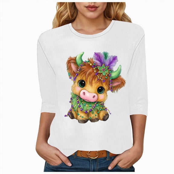 HCNTES Mardi Gras Shirts for Women 3/4 Sleeve Fat Tuesday Tshirt V Neck New Orleans Carnival Themed Party Outfit(Size:XXL)