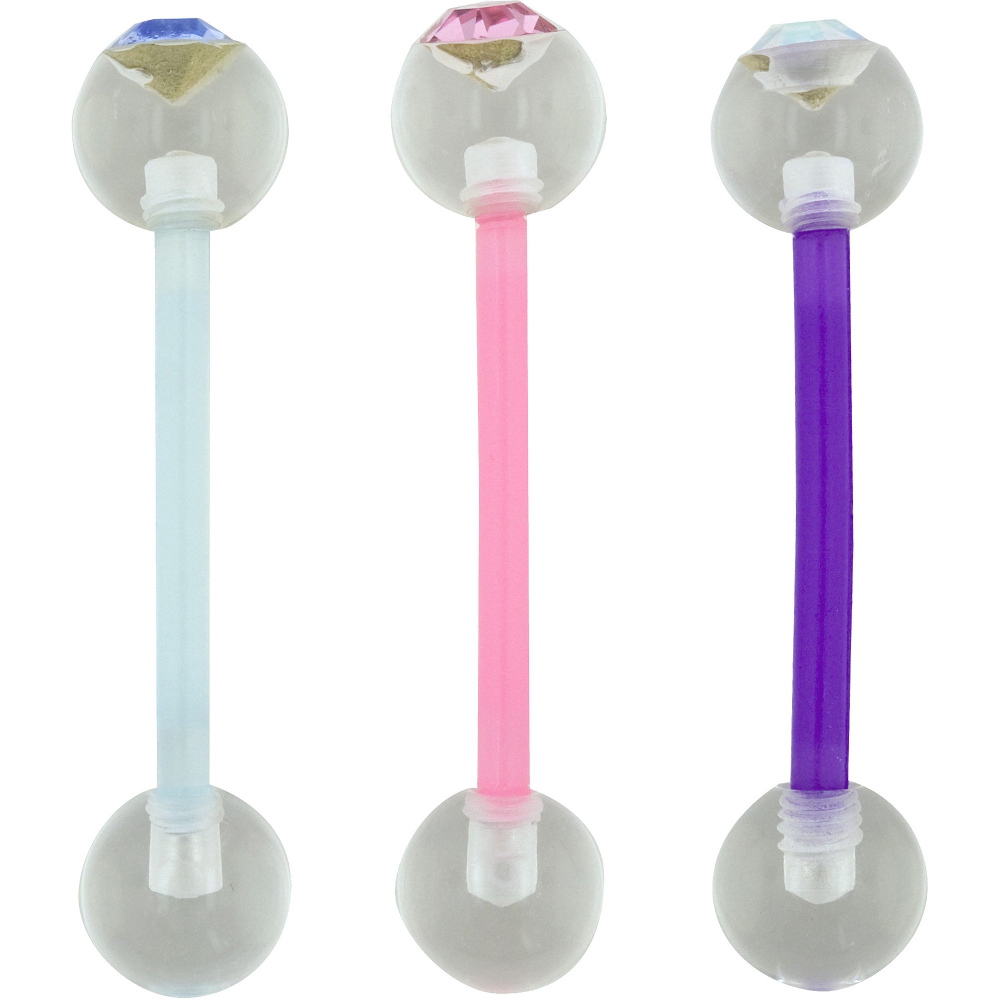Hot Silver Pastel Tongue Ring Set with Crystal Accents, 14G, Plastic, Unisex