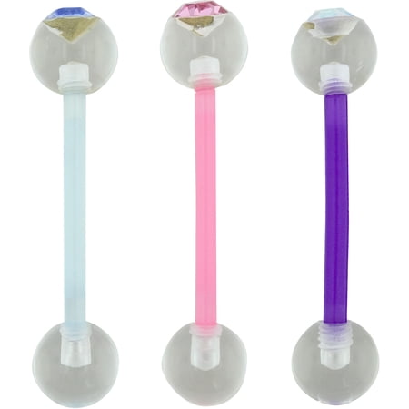 Hot Silver Pastel 14G Plastic Tongue Ring Set with Crystal Accents for Adults