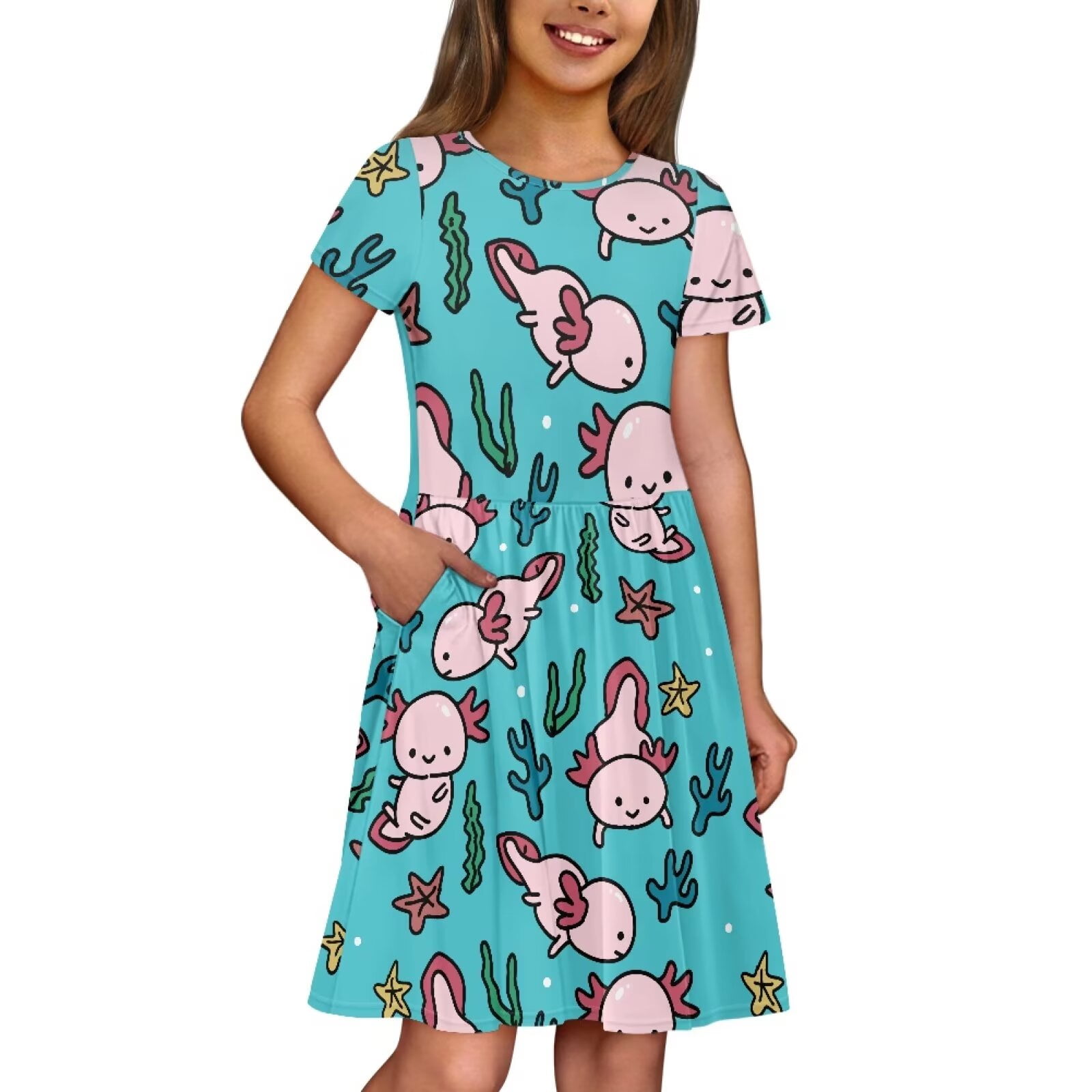 Uourmeti Axolot Cute Short Sleeve Dresses for Girls Casual Loose Ruffle Swing Sundress with Pockets Lightweight Soft Crewneck Knee-Length Dress 2-14Y