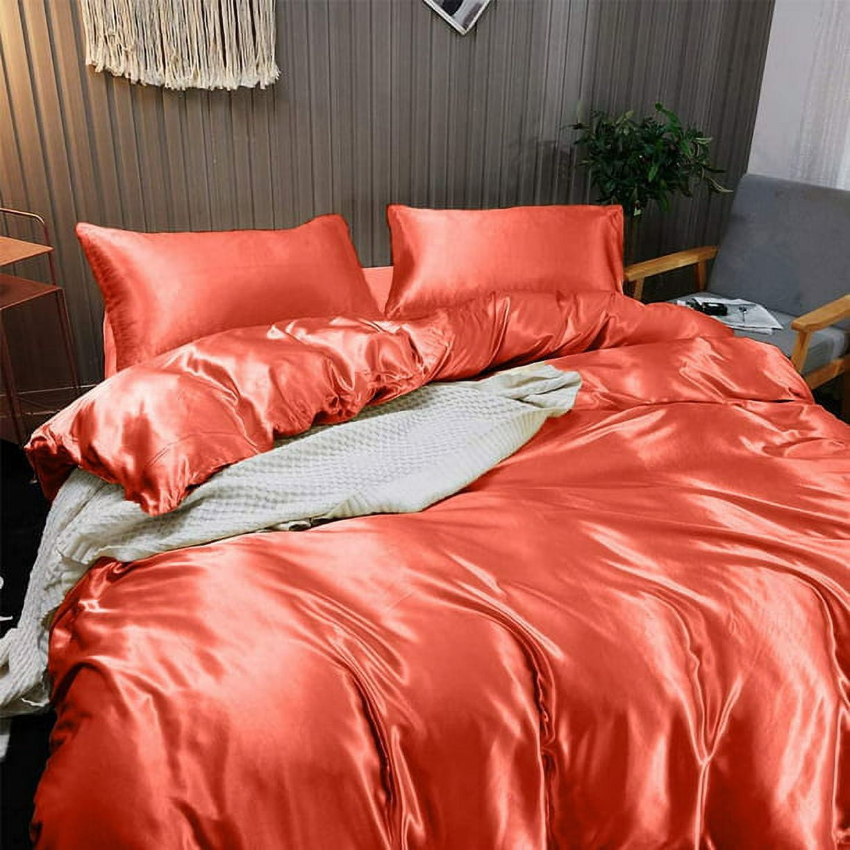 Cloud Fino Silk Satin Comorter | Box Stitched | 300 GSM Filling | All-Season Comforter | Luxurious Hotel Quality Quilt (Coral,King/Cal-King)