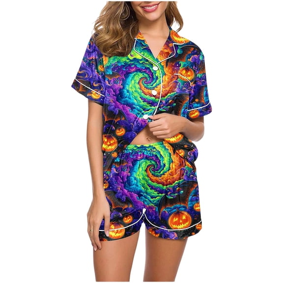 Xdegoge Women'S Halloween Pajama Set Magic Pumpkin Bat Print Short Sleeve Button Down Sleepwear Casual Comfy Loungewear Two Piece Pjs Matching Set